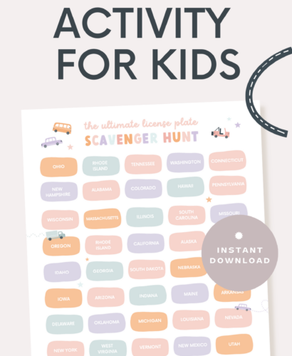 a picture of a road trip license plate game printable on a pink background