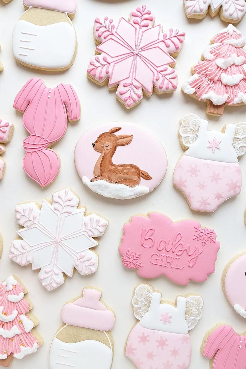 pink and snowflake baby shower cookies