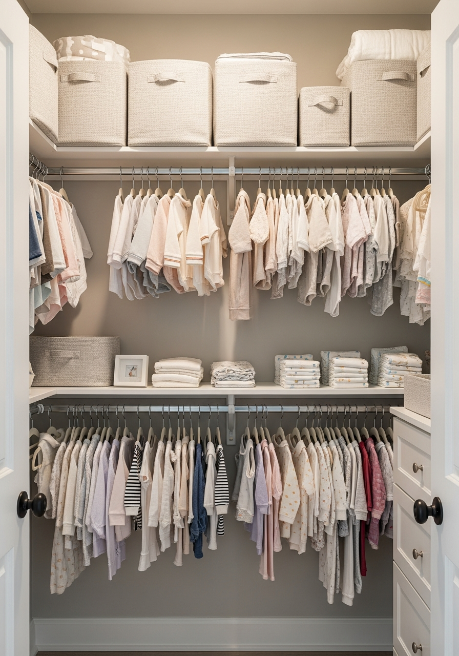 Organized nursery closet with sorted baby clothes