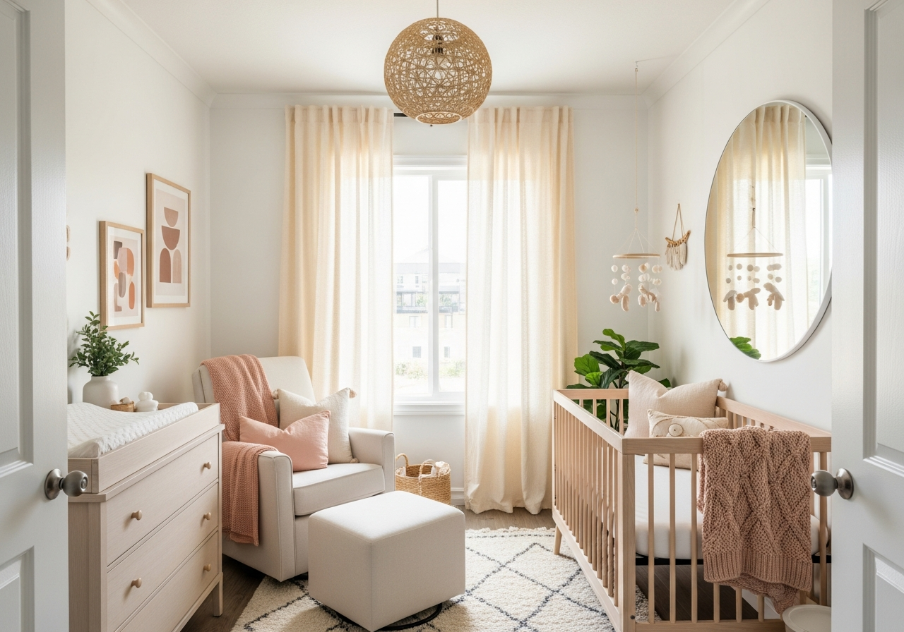 Small nursery using light colors to feel spacious