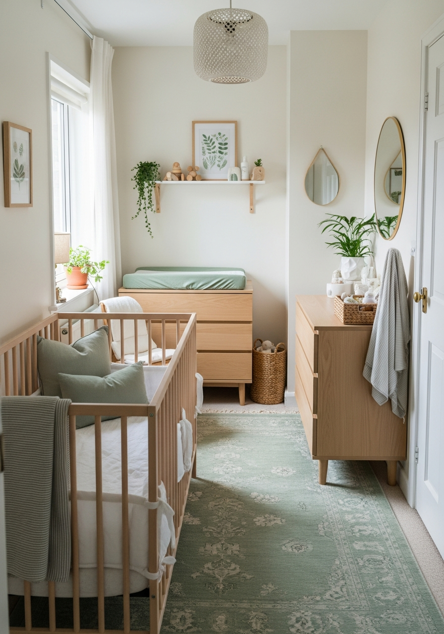Narrow room nursery with furniture along opposite walls