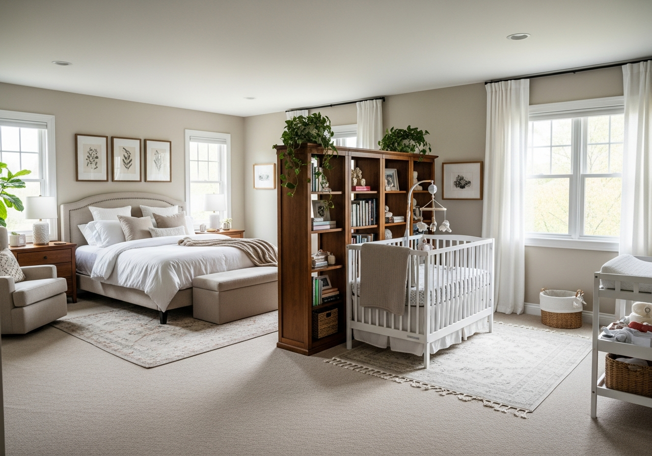 Shared bedroom with nursery corner separated by bookshelf