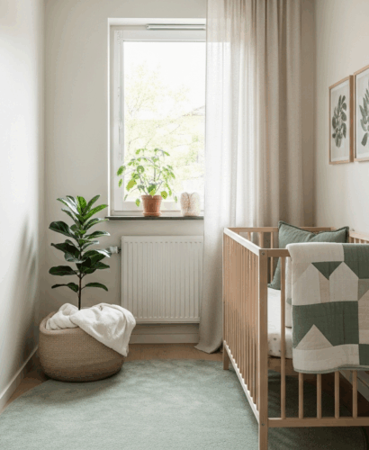 Small nursery with mini crib, neutral tones and natural light