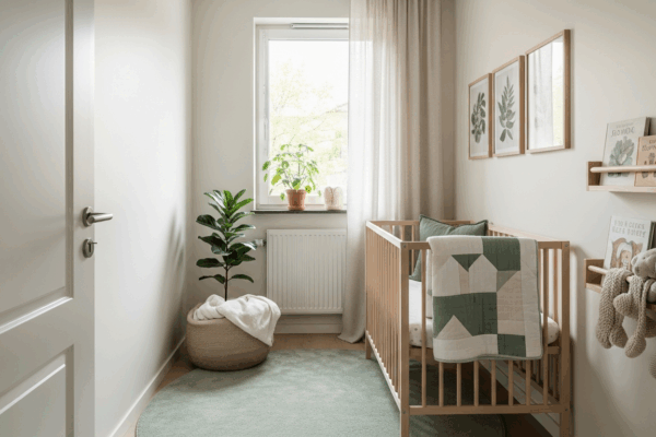 Small nursery with mini crib, neutral tones and natural light