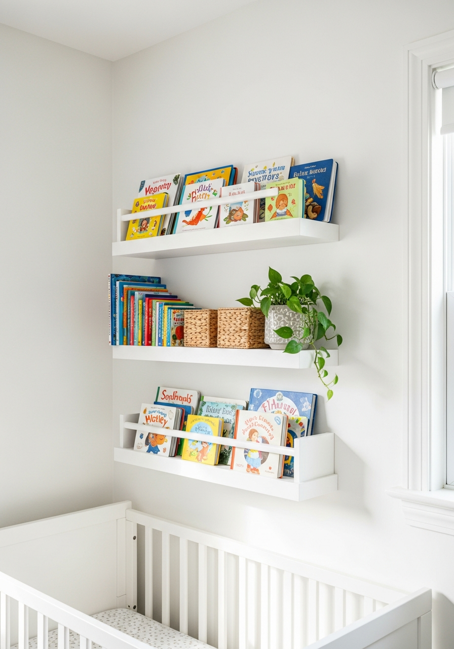 Wall-mounted floating shelves with baby books above crib
