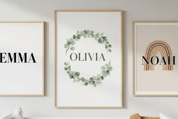 Free baby name art prints showing Emma, Olivia with botanical wreath, and Noah in nursery styles