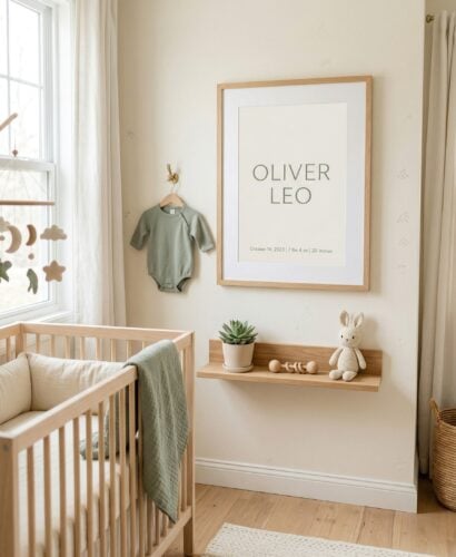 Framed personalized baby name art print in a minimalist nursery with sage green decor and natural light