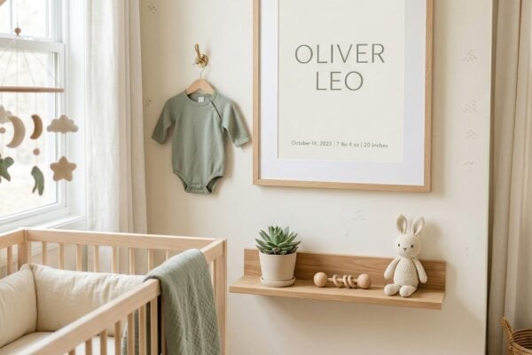 Framed personalized baby name art print in a minimalist nursery with sage green decor and natural light