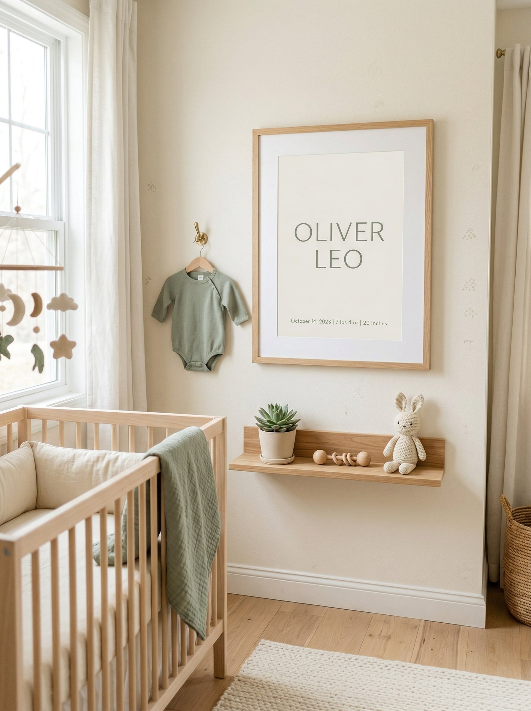 Framed personalized baby name art print in a minimalist nursery with sage green decor and natural light