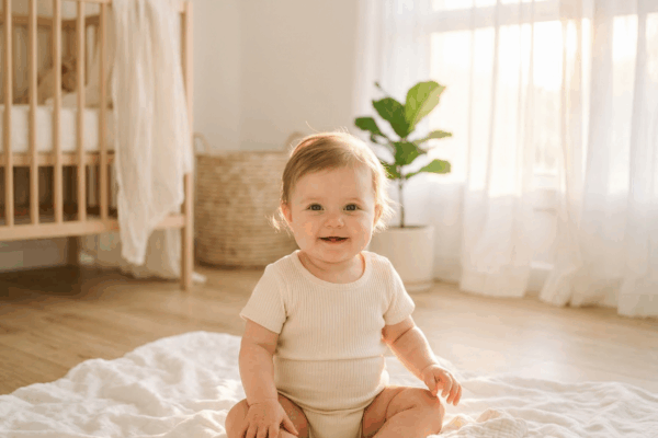 Adorable baby bathed in golden sunlight for baby names meaning light article