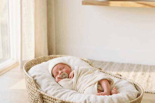Newborn baby in woven basket for baby names that mean gift from God article