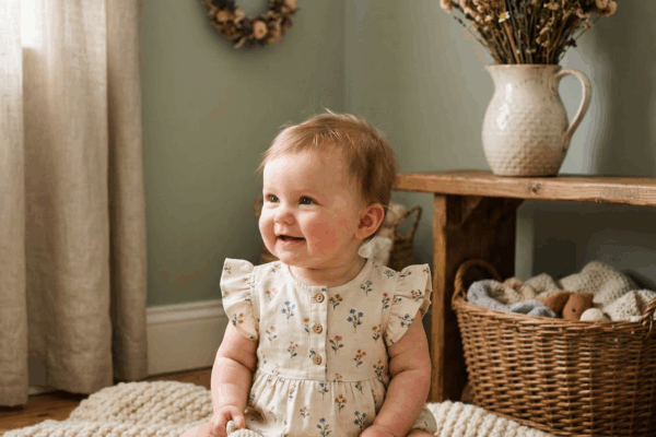 Adorable baby in a whimsical cottagecore nursery for cottagecore baby names article