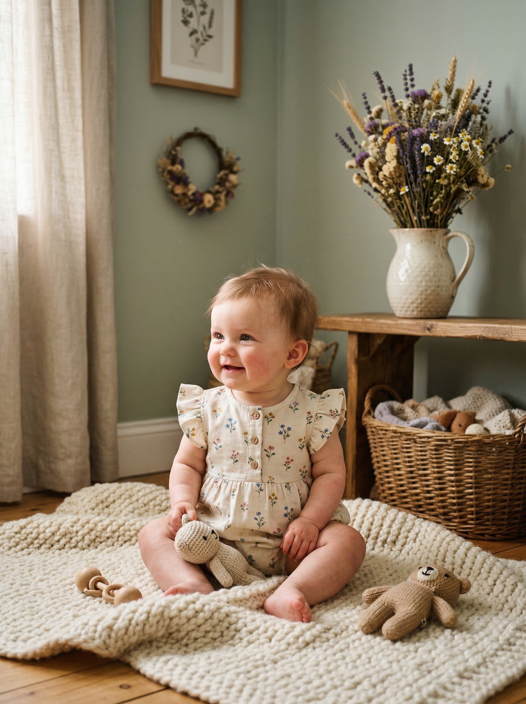 Adorable baby in a whimsical cottagecore nursery for cottagecore baby names article