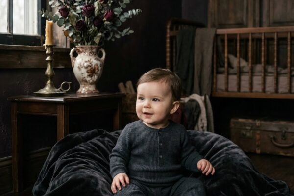 Adorable baby in a moody Victorian nursery for gothic baby names article