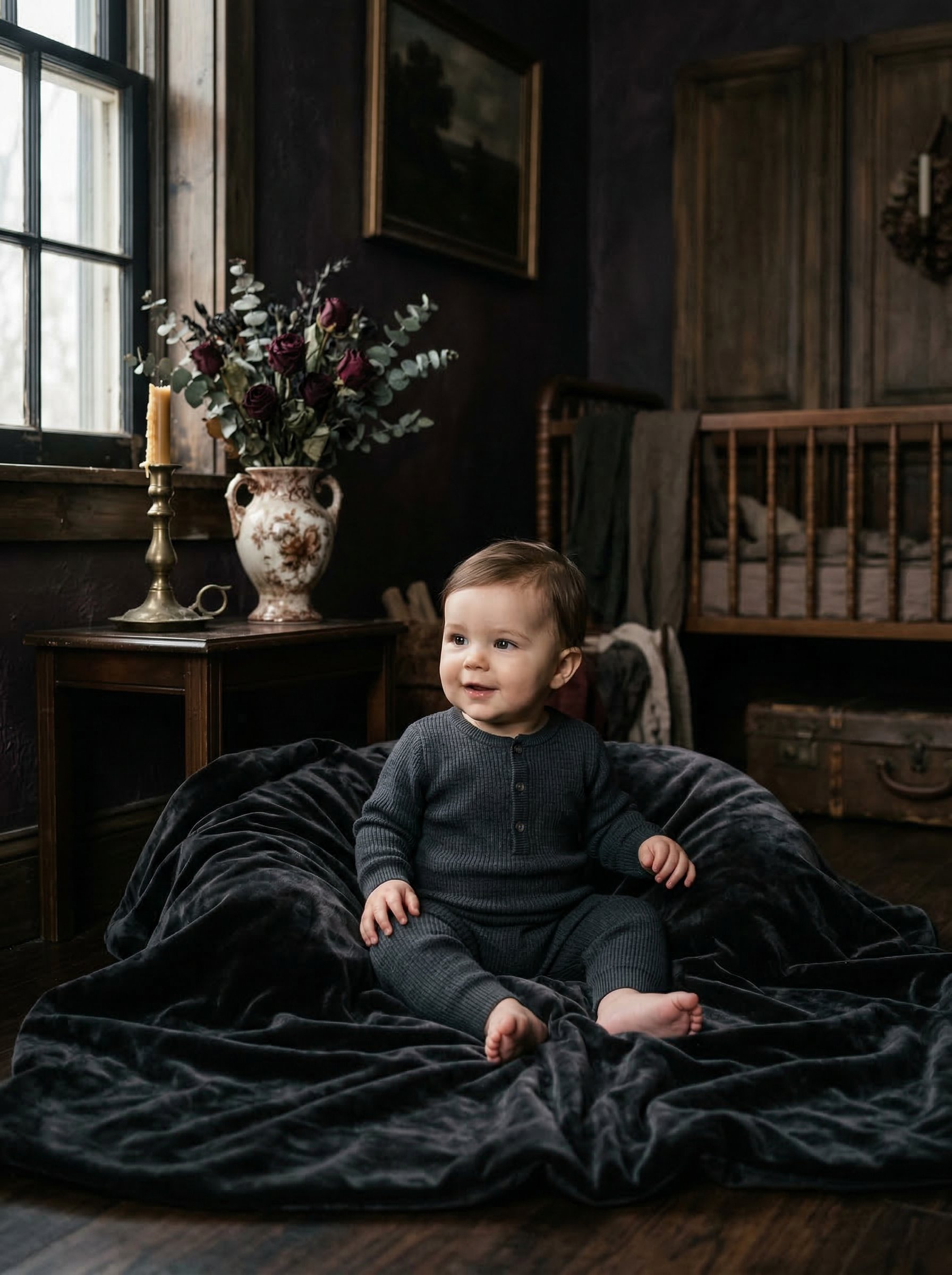 Adorable baby in a moody Victorian nursery for gothic baby names article