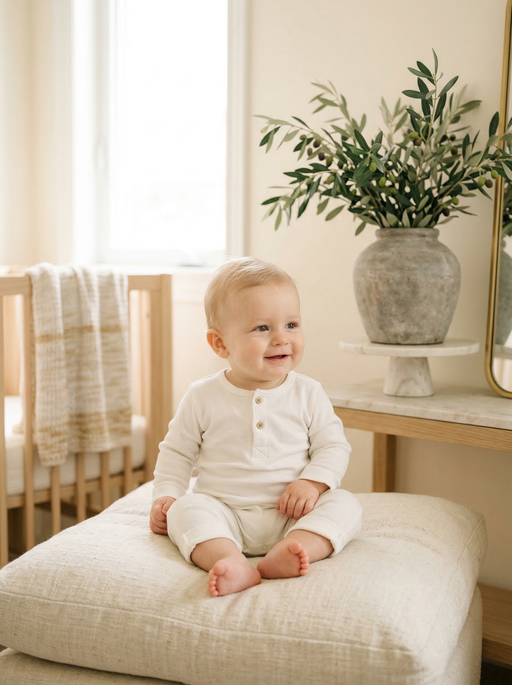 Adorable baby boy with marble and olive accents for Greek mythology baby names article