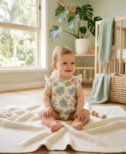 Adorable baby girl in tropical nursery for Hawaiian baby names article