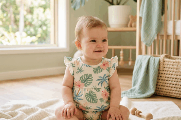 Adorable baby girl in tropical nursery for Hawaiian baby names article