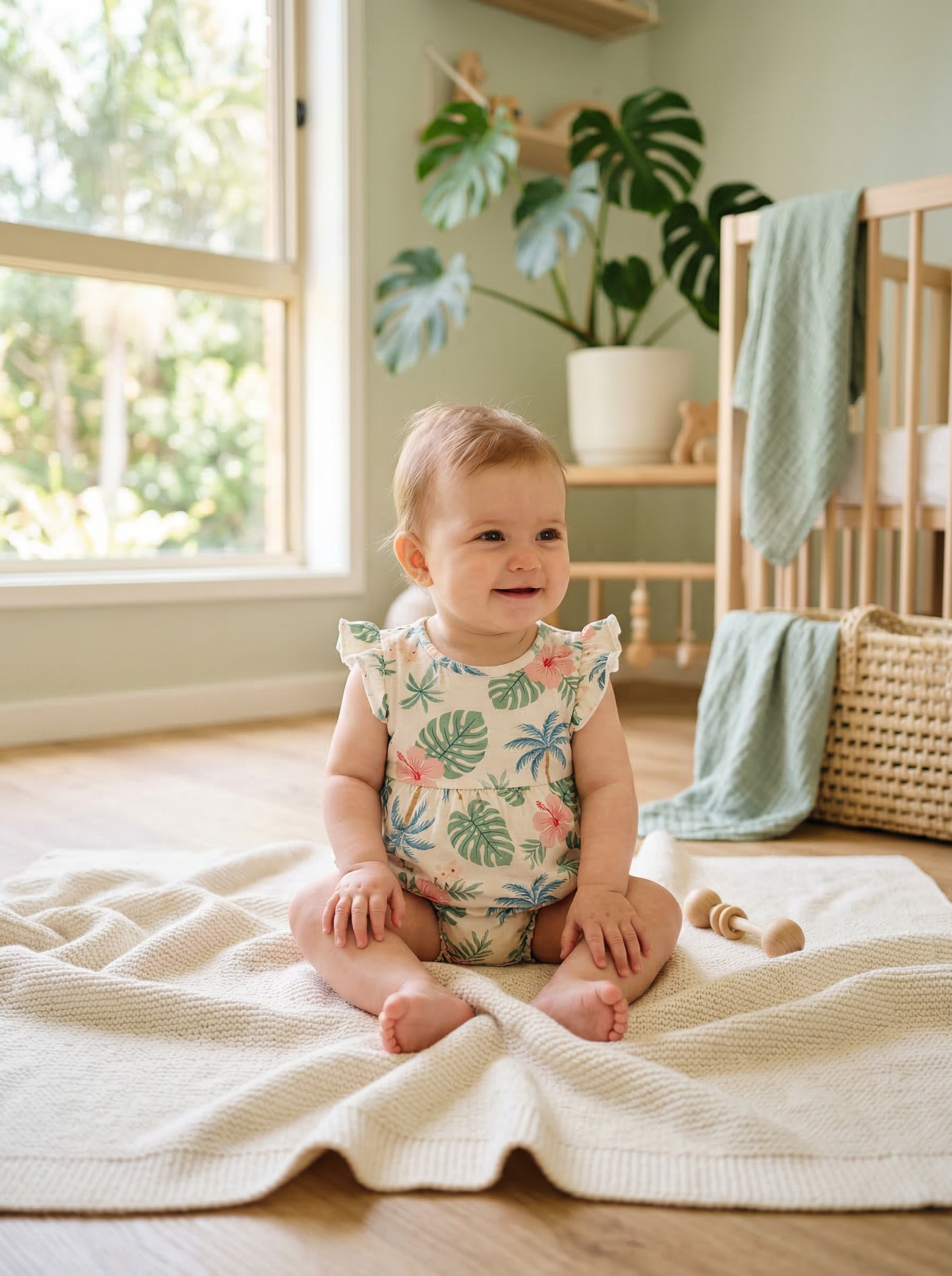 Adorable baby girl in tropical nursery for Hawaiian baby names article