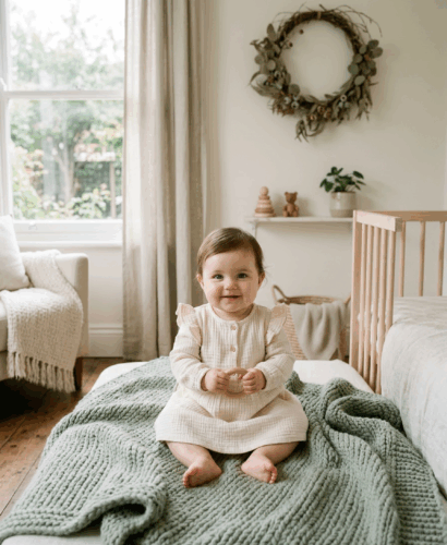 Adorable baby girl on sage green blanket for Irish girl names article