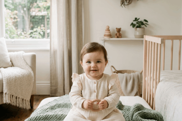 Adorable baby girl on sage green blanket for Irish girl names article