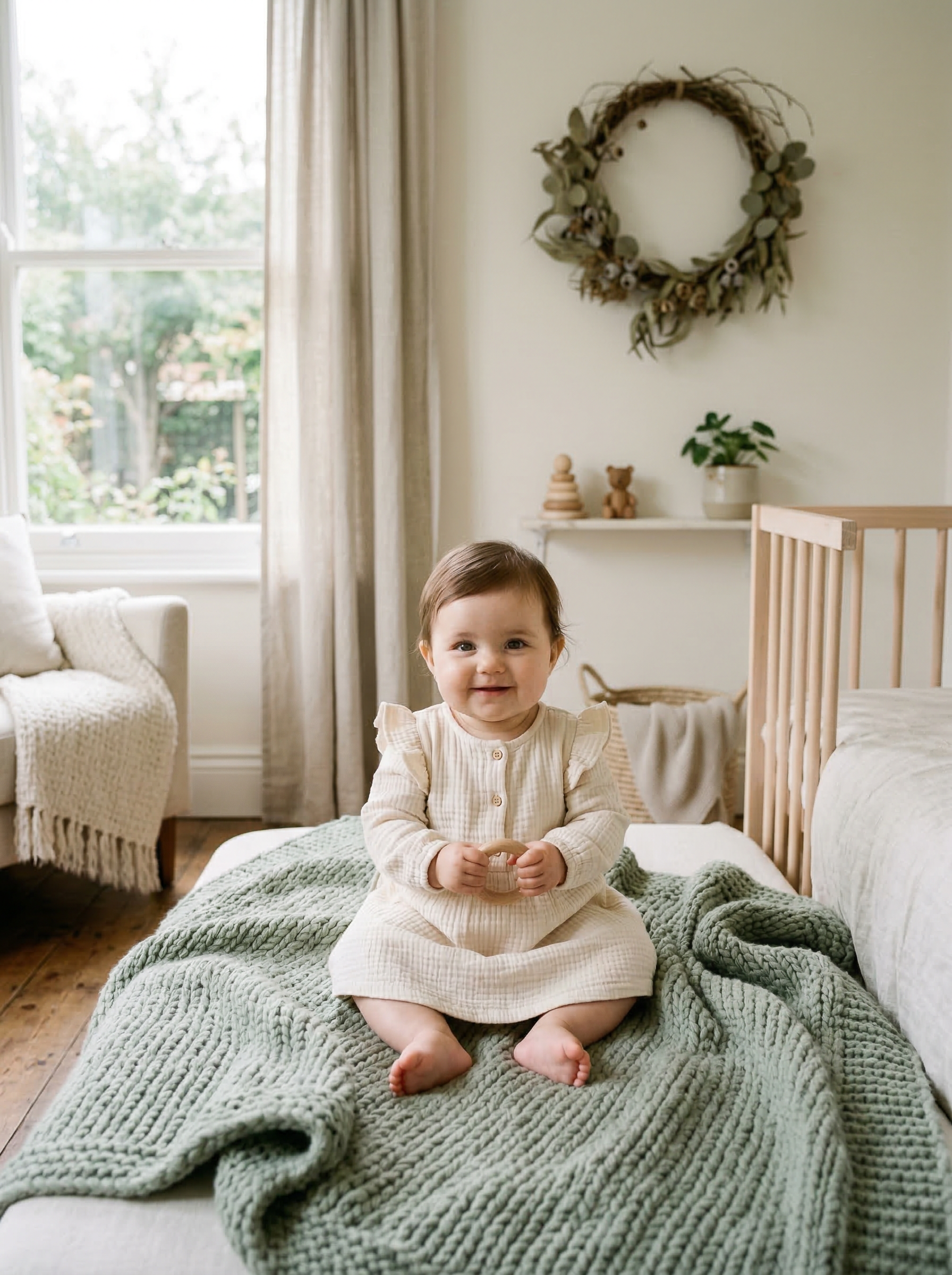 Adorable baby girl on sage green blanket for Irish girl names article