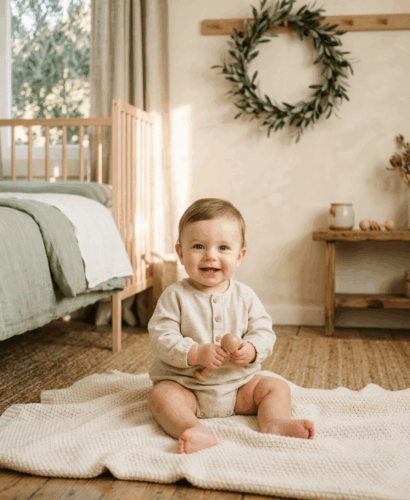 Adorable baby boy in Mediterranean-inspired nursery for Italian baby names article