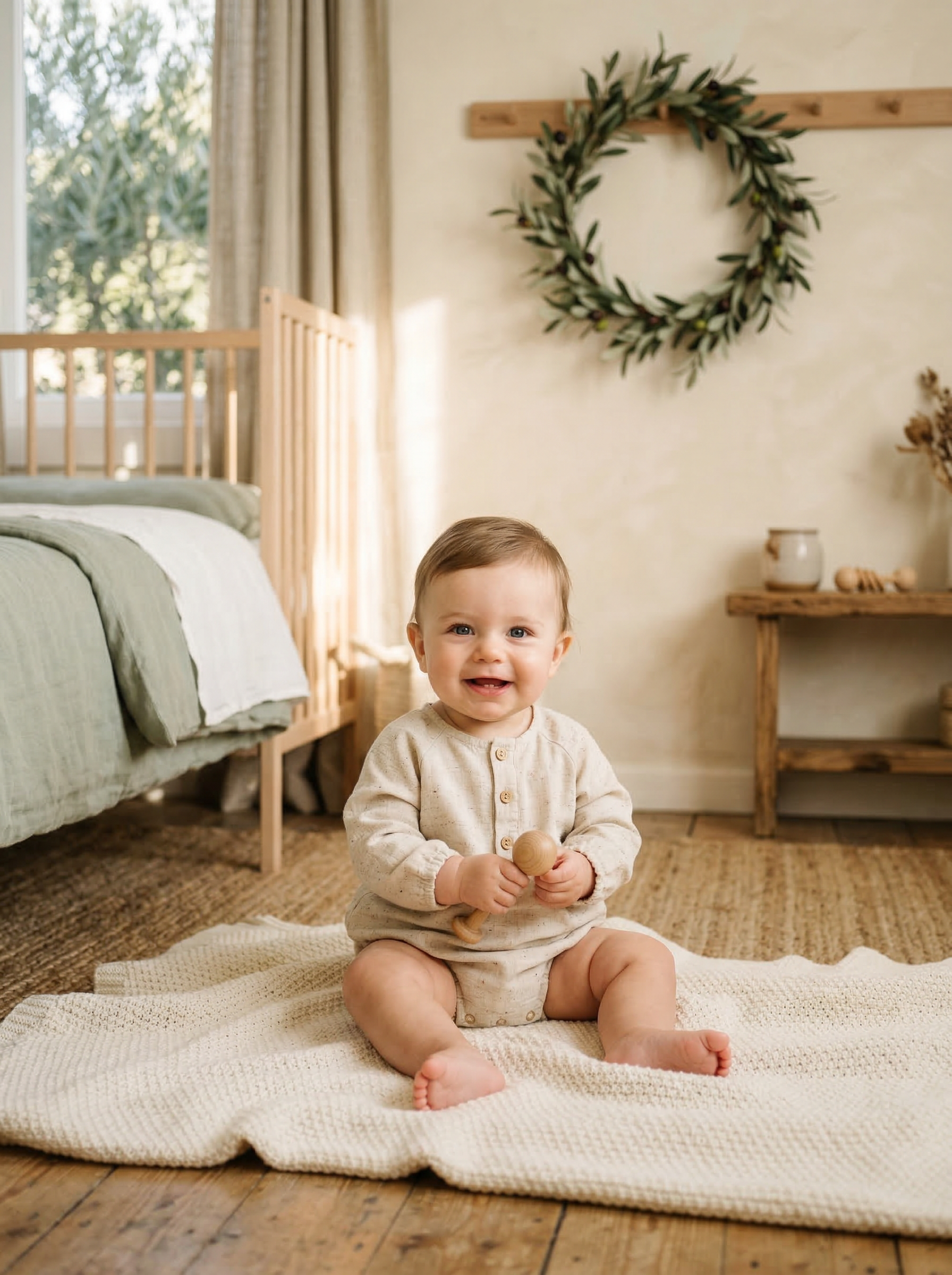 Adorable baby boy in Mediterranean-inspired nursery for Italian baby names article