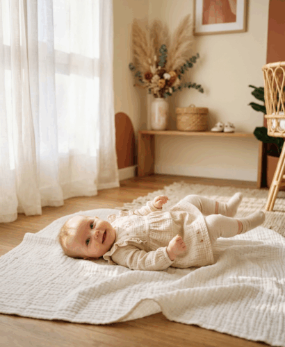 Adorable baby girl in warm sunlit nursery for Spanish baby names article