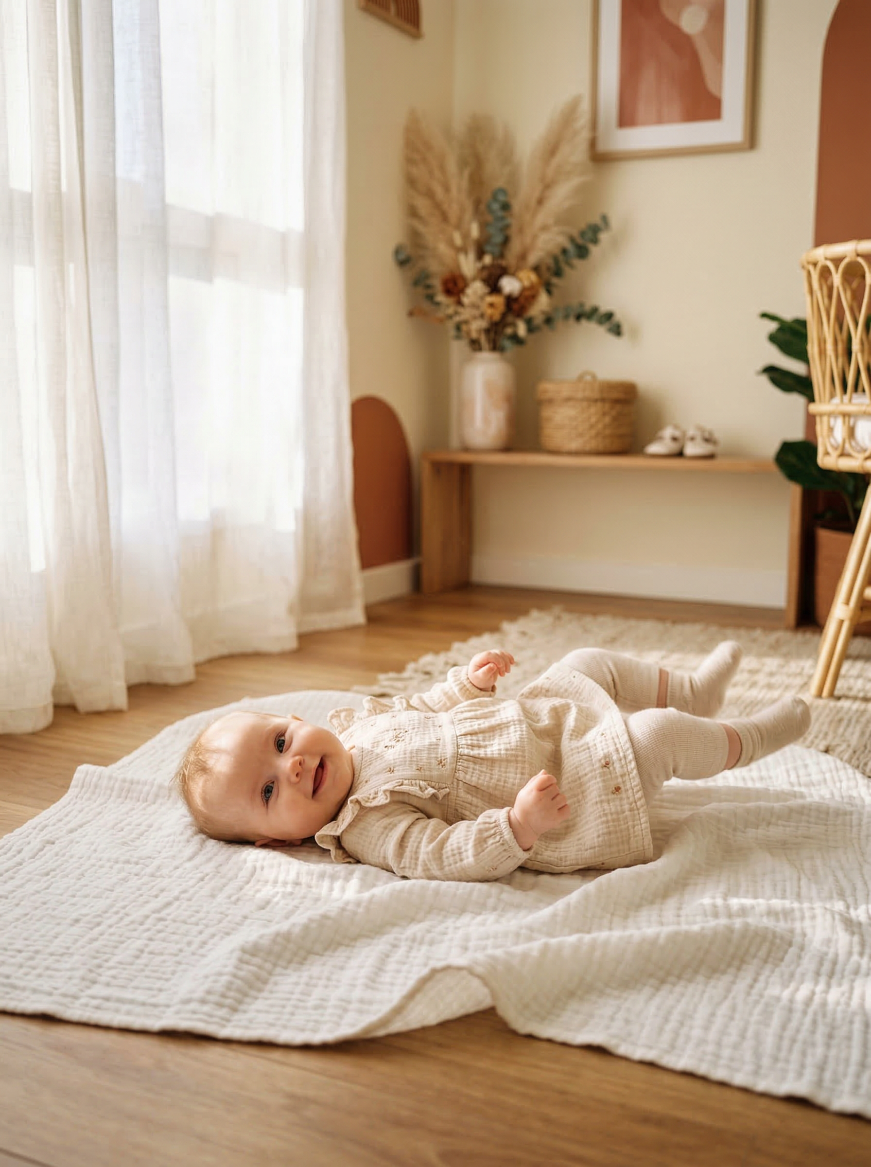 Adorable baby girl in warm sunlit nursery for Spanish baby names article