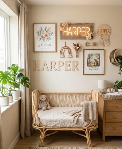 Nursery gallery wall with multiple personalized name art pieces in different styles including framed prints and wooden letters
