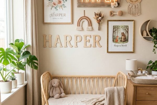 Nursery gallery wall with multiple personalized name art pieces in different styles including framed prints and wooden letters