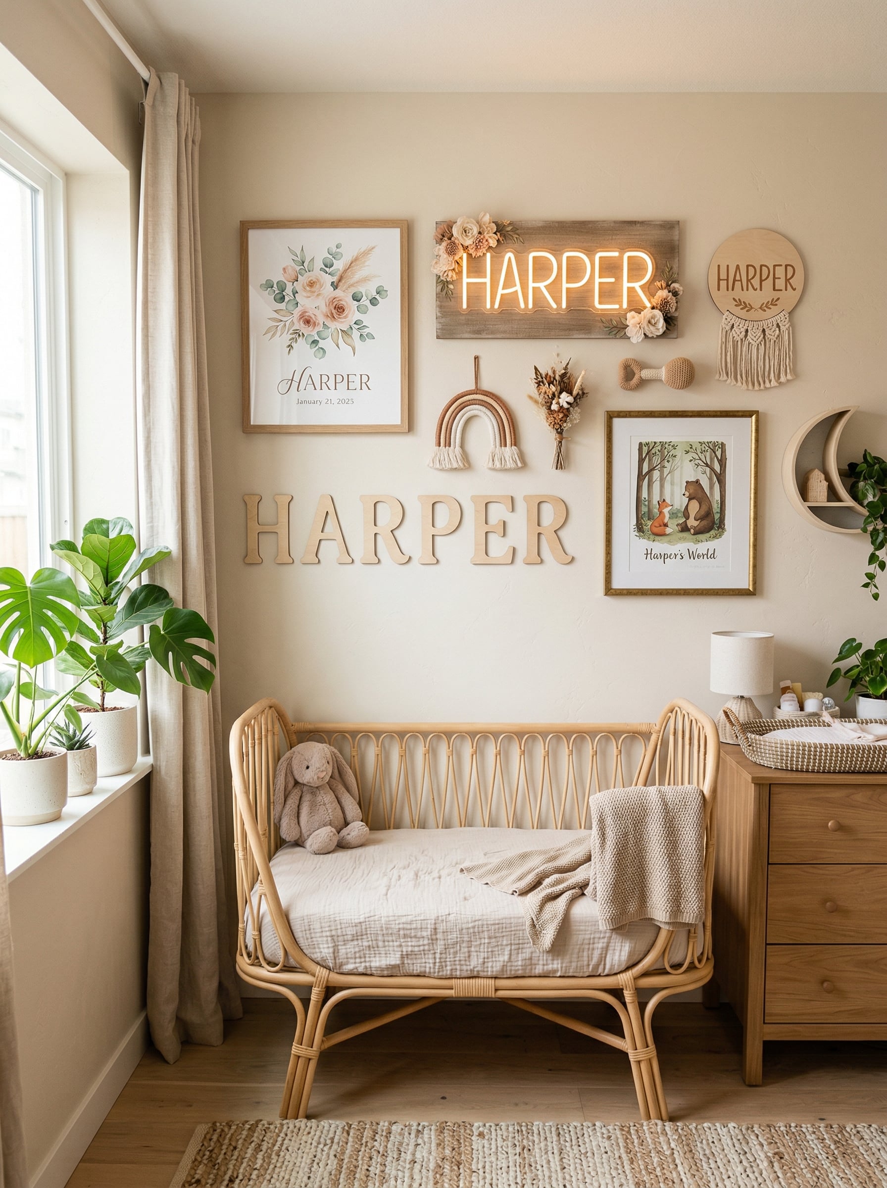 Nursery gallery wall with multiple personalized name art pieces in different styles including framed prints and wooden letters