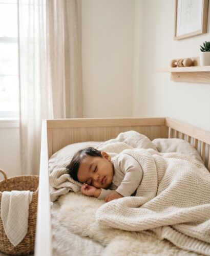 Hispanic baby in a minimalist neutral-toned nursery
