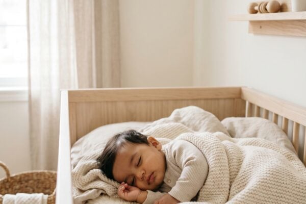 Hispanic baby in a minimalist neutral-toned nursery
