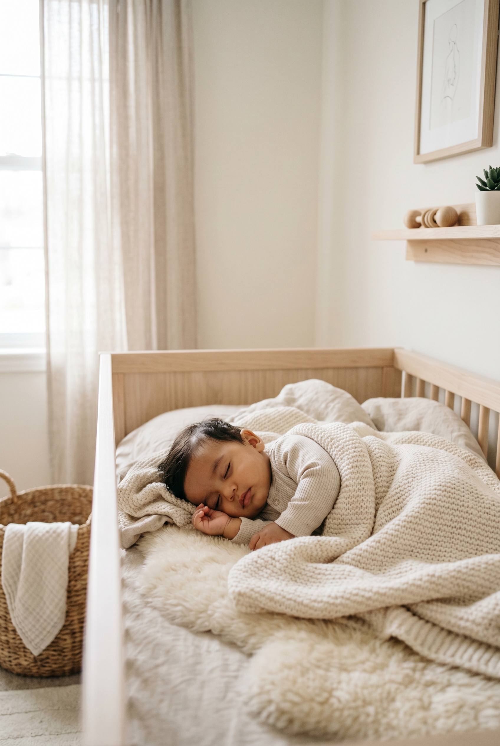 Hispanic baby in a minimalist neutral-toned nursery