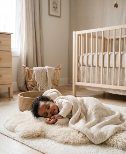Black baby in a minimalist neutral-toned nursery