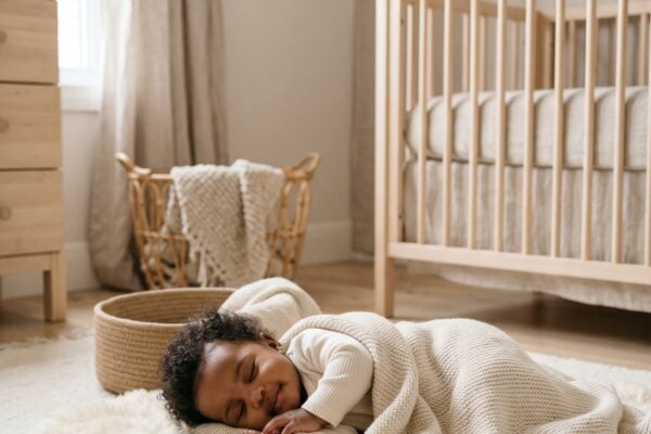 Black baby in a minimalist neutral-toned nursery