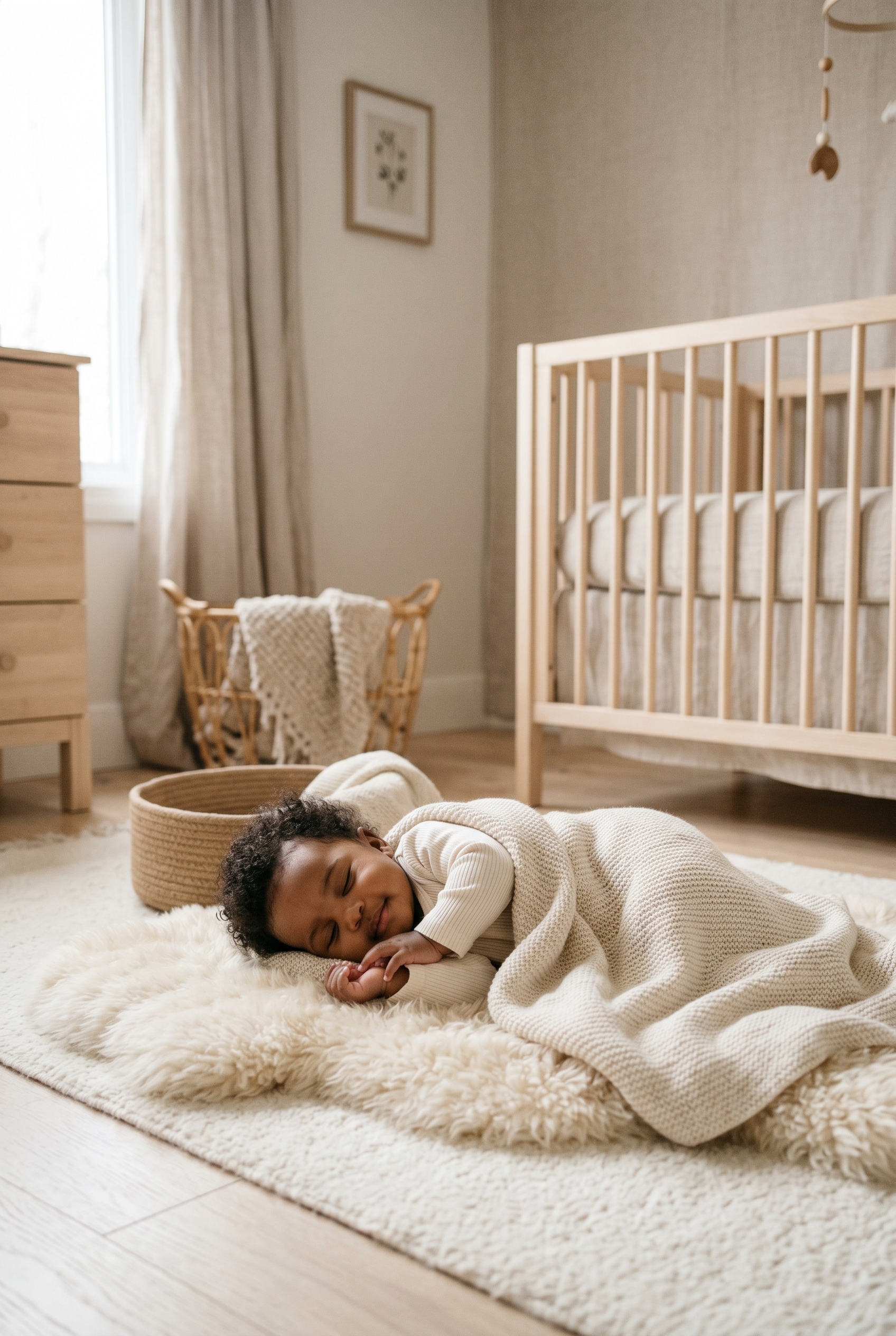 Black baby in a minimalist neutral-toned nursery