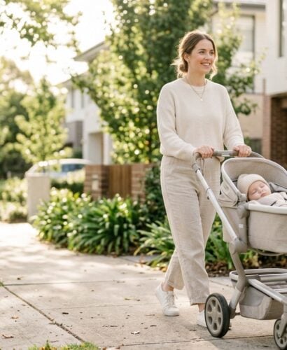 Mother pushing a modern stroller on a sunlit sidewalk