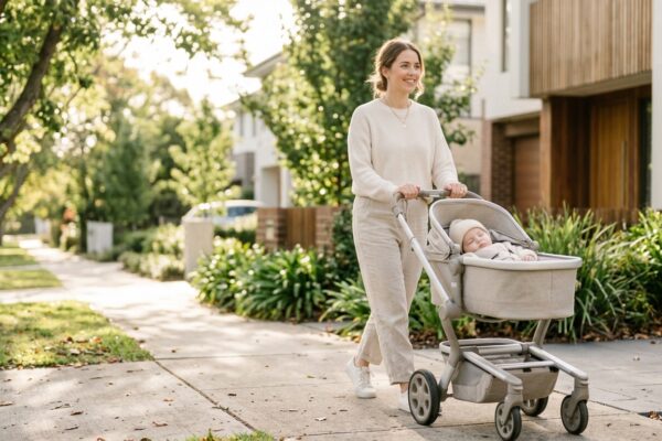 Mother pushing a modern stroller on a sunlit sidewalk