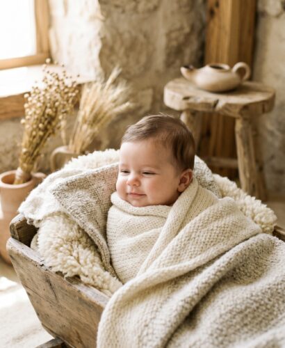 Biblical baby girl in a culturally-inspired minimalist nursery setting