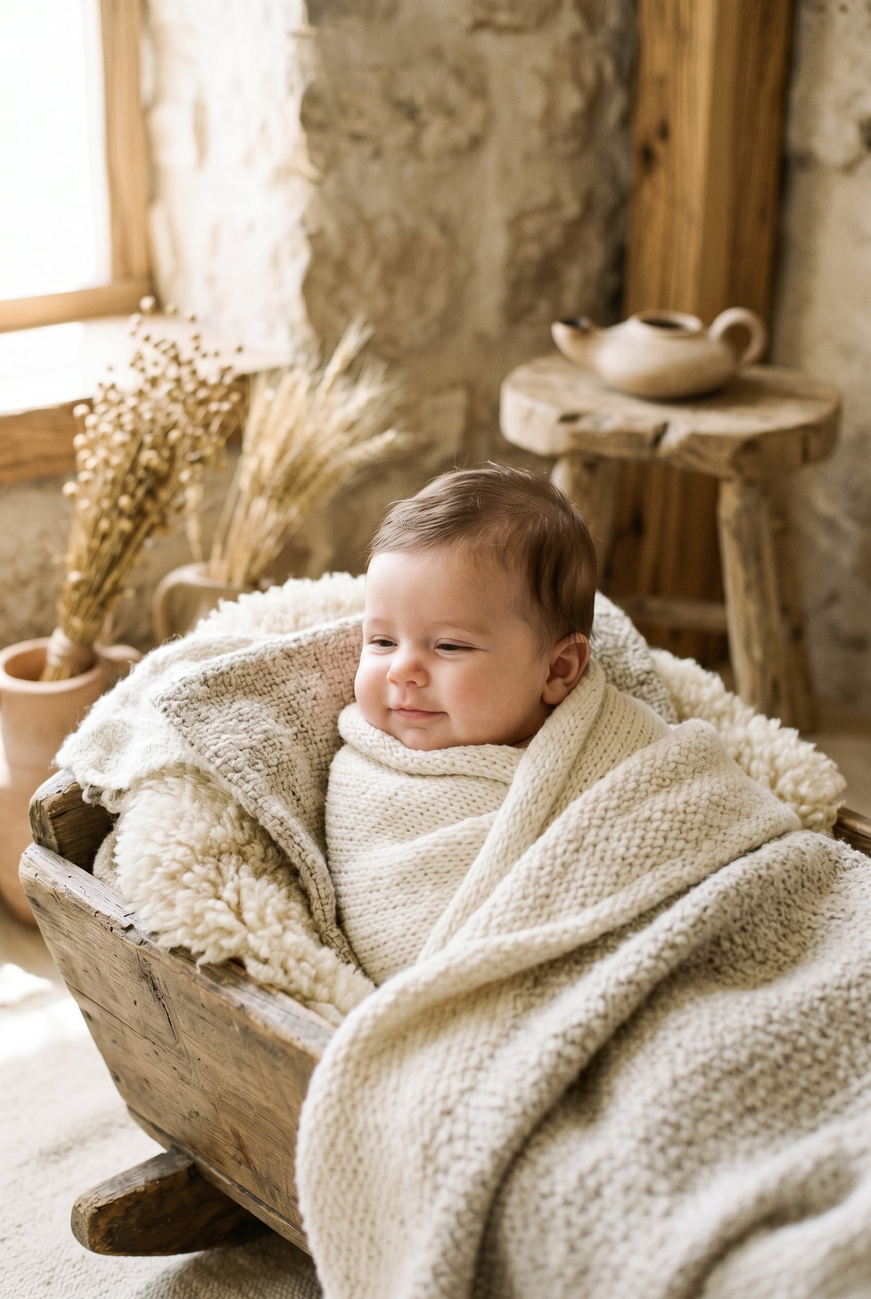 Biblical baby girl in a culturally-inspired minimalist nursery setting