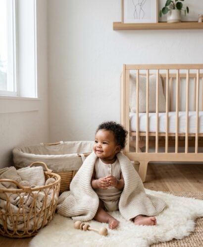 Black baby girl in a minimalist neutral-toned nursery