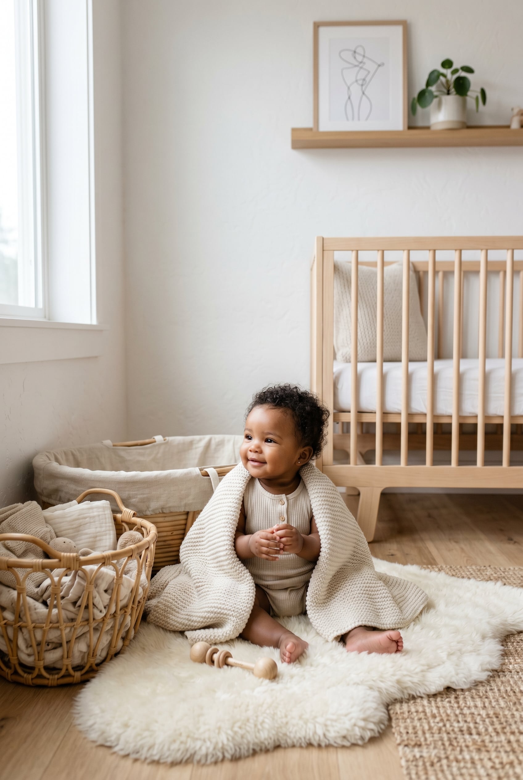 Black baby girl in a minimalist neutral-toned nursery