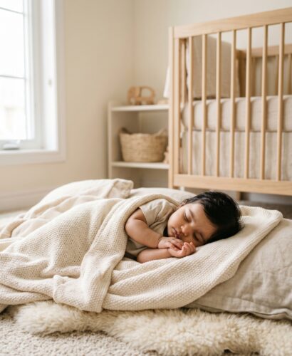 South Asian baby girl in a minimalist neutral-toned nursery