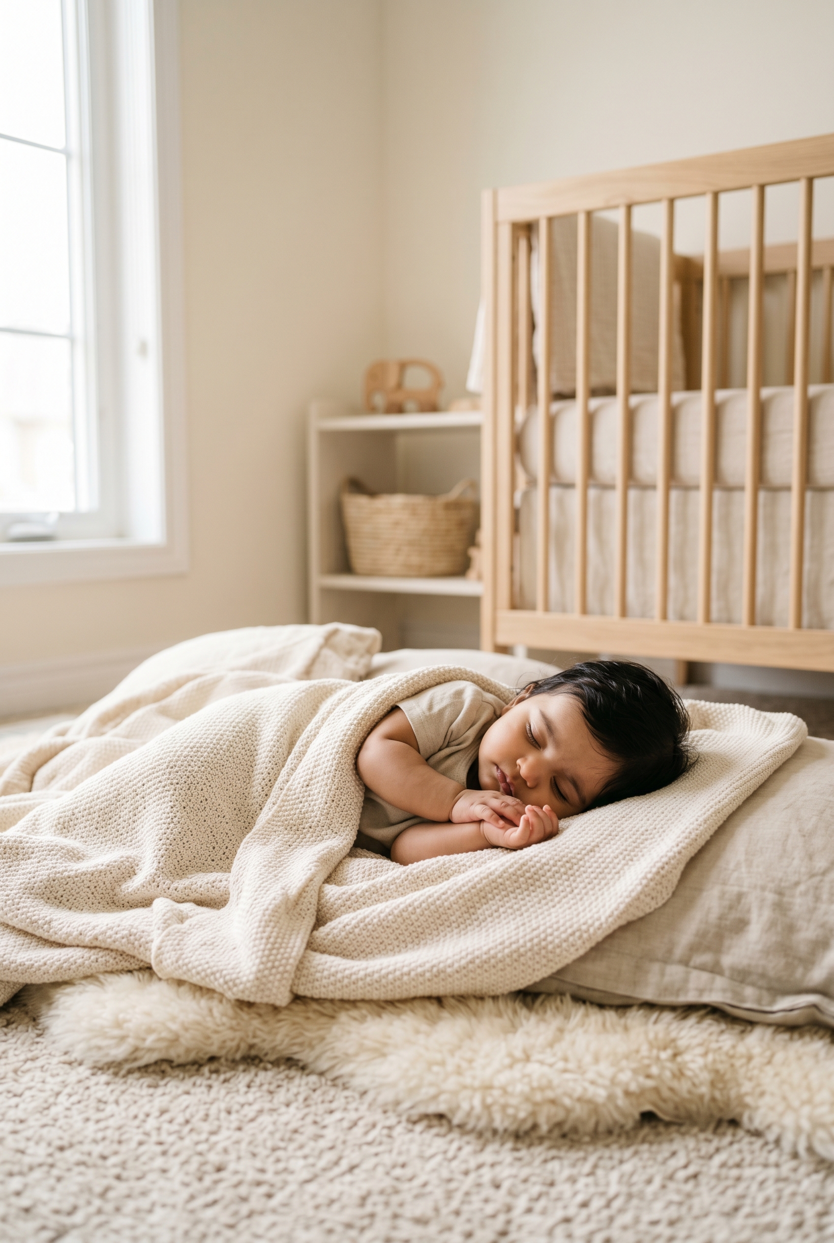South Asian baby girl in a minimalist neutral-toned nursery