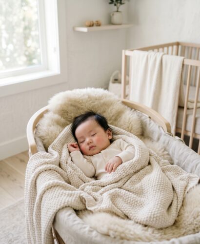 East Asian baby boy in a minimalist neutral-toned nursery
