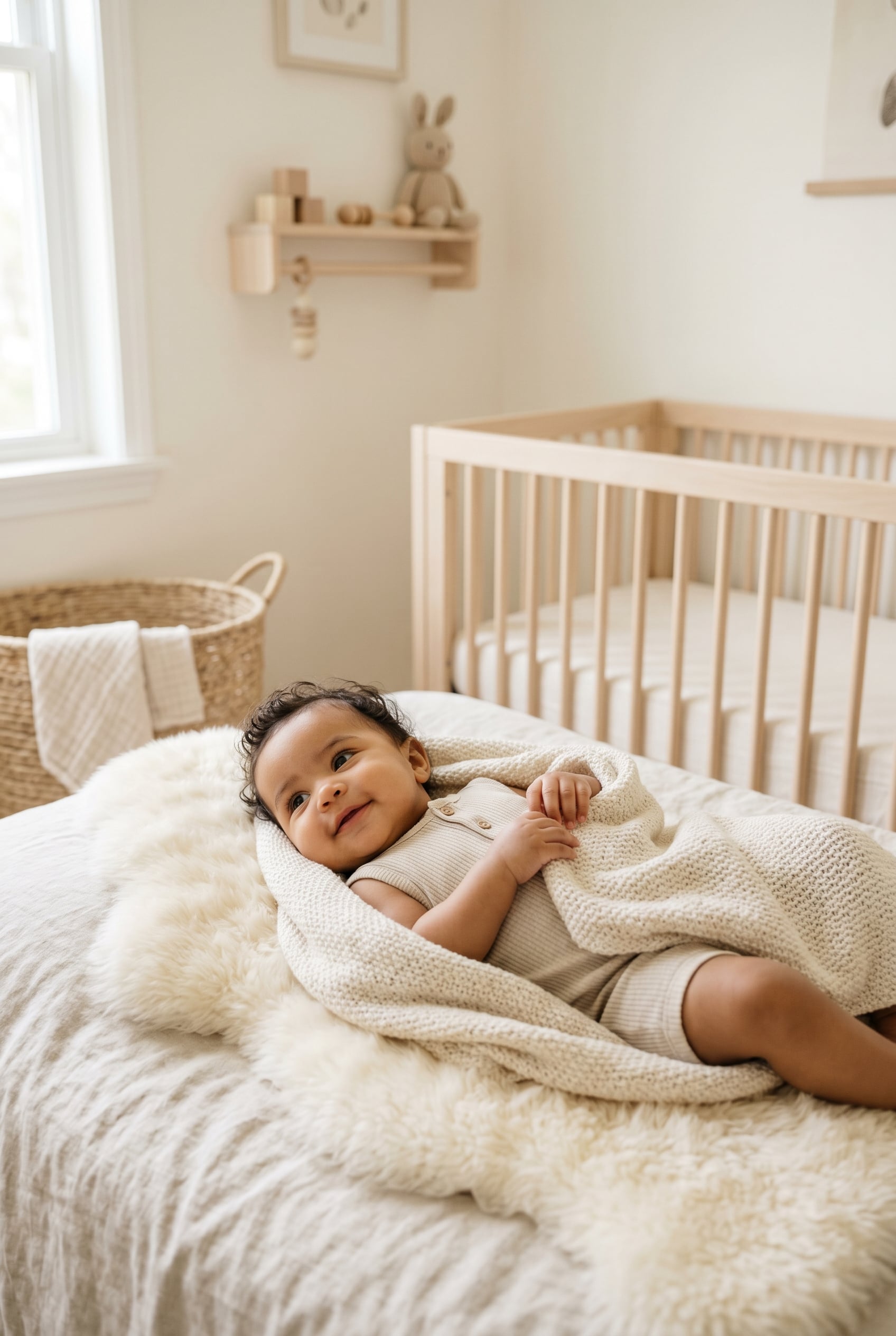 Mixed-race baby in a minimalist neutral-toned nursery