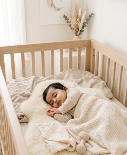 South Asian baby girl in a minimalist neutral-toned nursery
